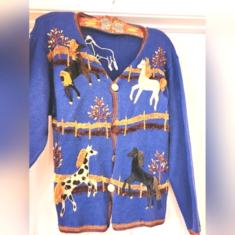 80s VICTORIA HARBOUR Kitsch Horses Country Western Ranch Knit Cardigan Jumper EV - Picture 16 of 16